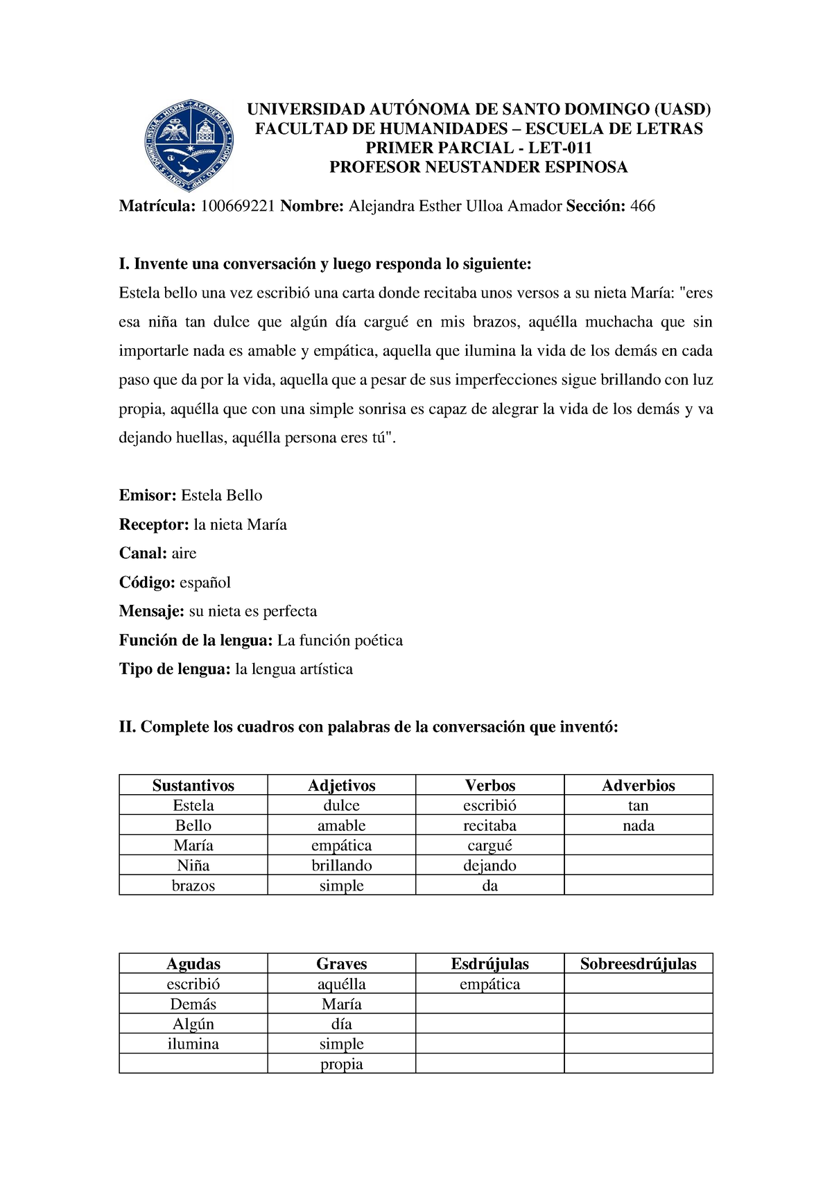 1er Parc Let 011 A Examen De Lengua Española Universidad AutÓnoma De Santo Domingo Uasd