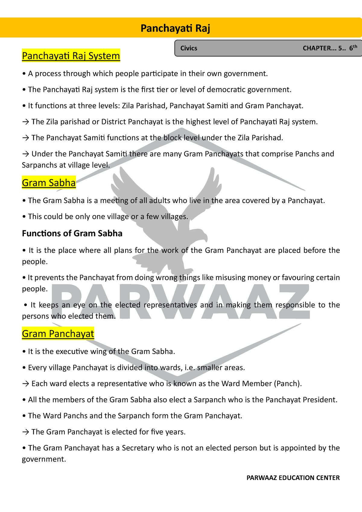 Notes Of Ch 5 Panchayati Raj - PARWAAZ EDUCATION CENTER Panchaya Raj ...