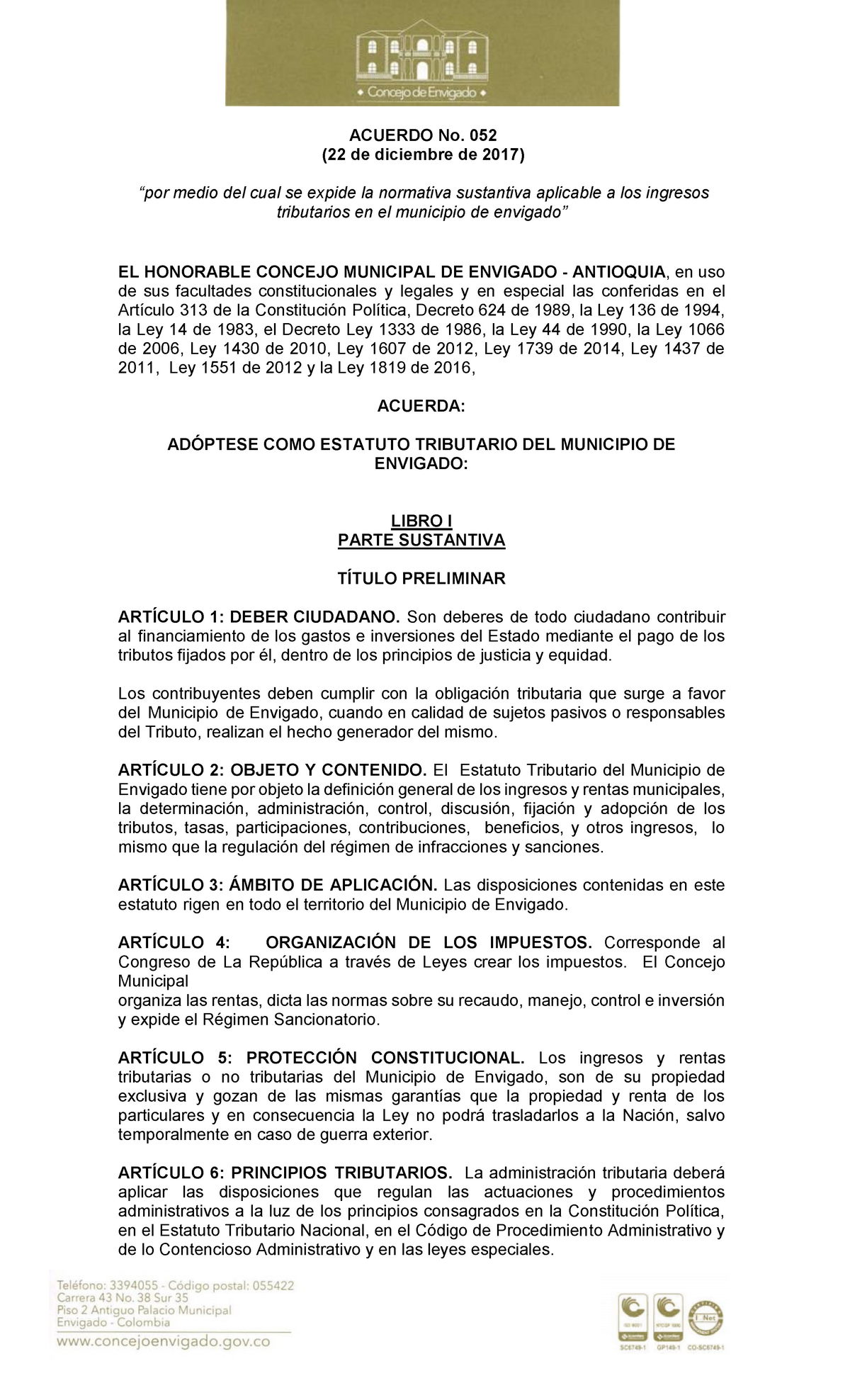 Acuerdo No 052 estatuto tributario 2018BUCARAMANGA (22 de diciembre