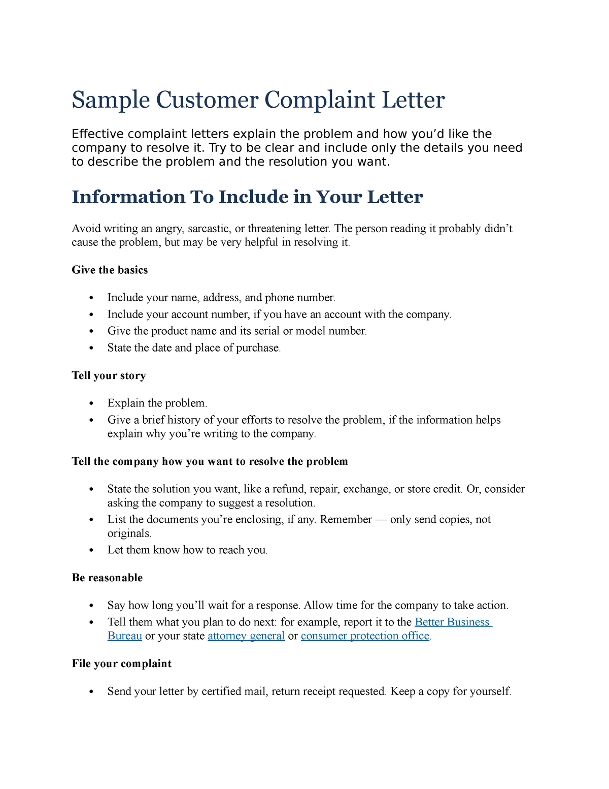 Sample Customer Complaint Letter - Sample Customer Complaint Letter ...