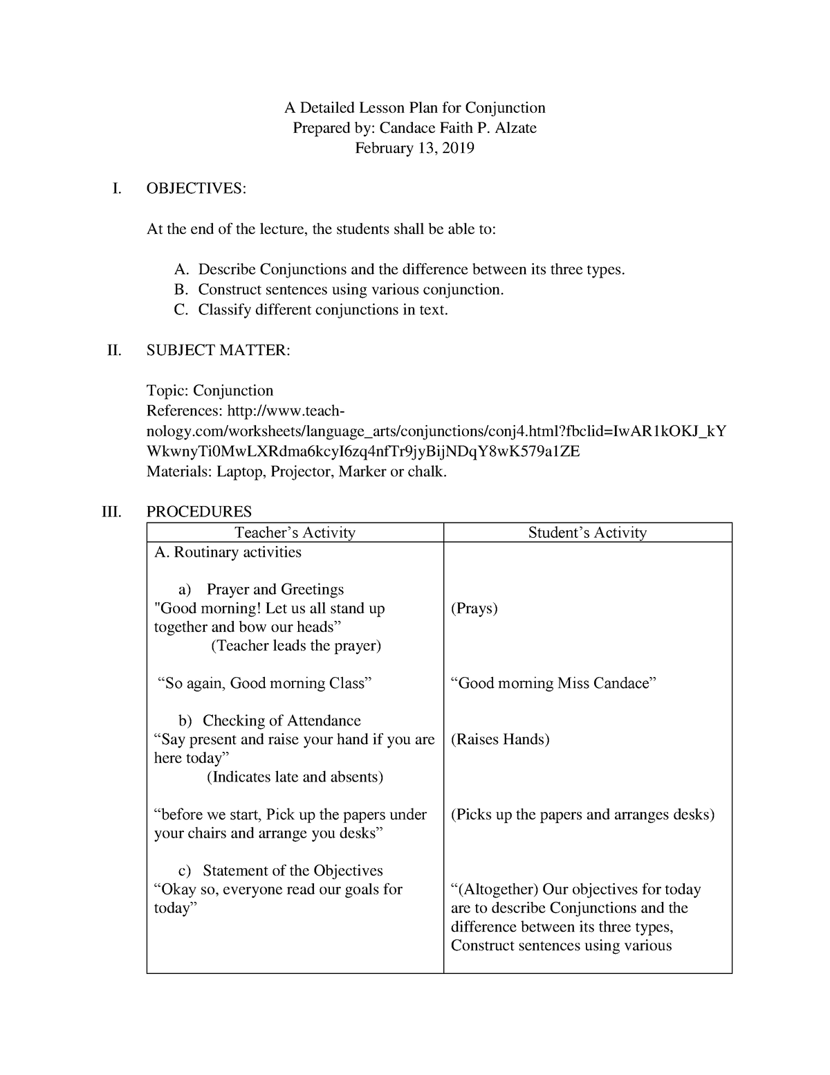 Pdfcoffee English A Detailed Lesson Plan For Conjunction Prepared My