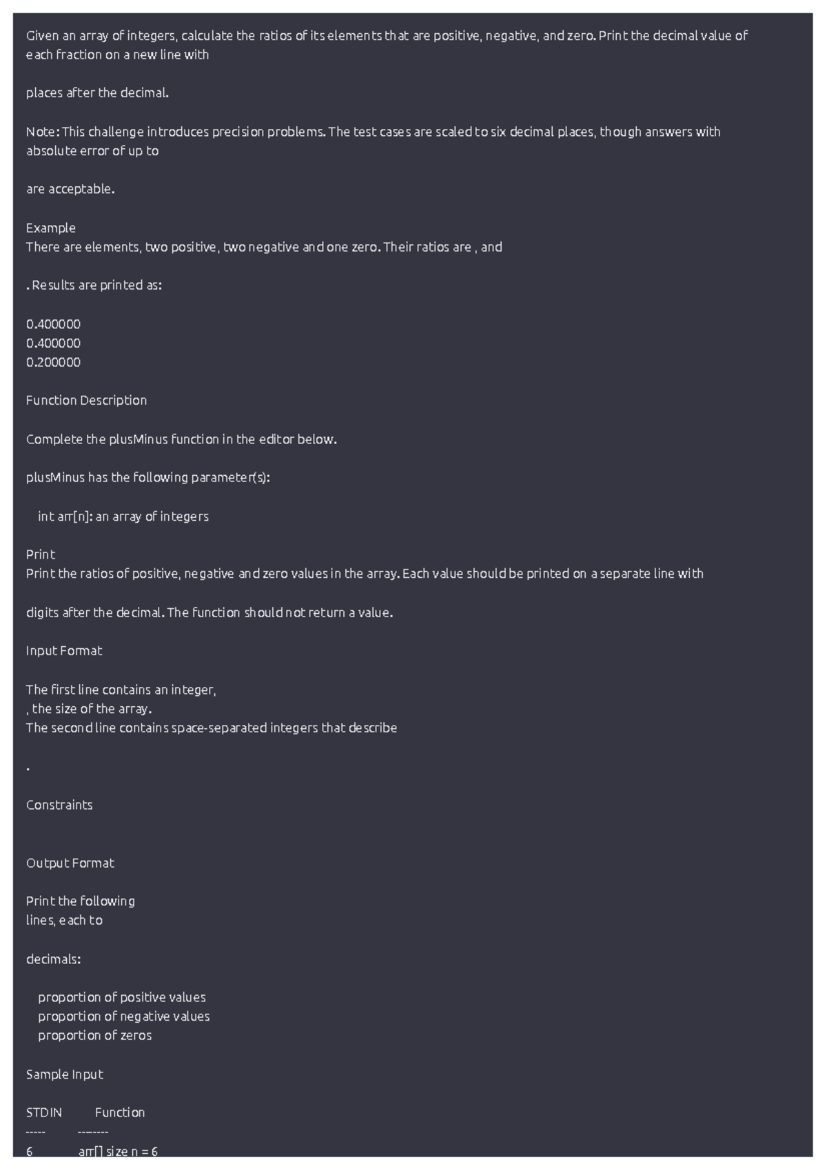 Test - plus minus function - Given an array of integers, calculate the ...