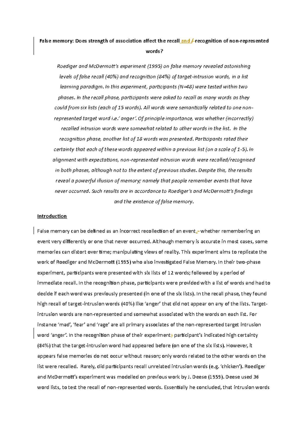 75 Lab report - Grade: 75 (first) - False memory: Does strength of ...