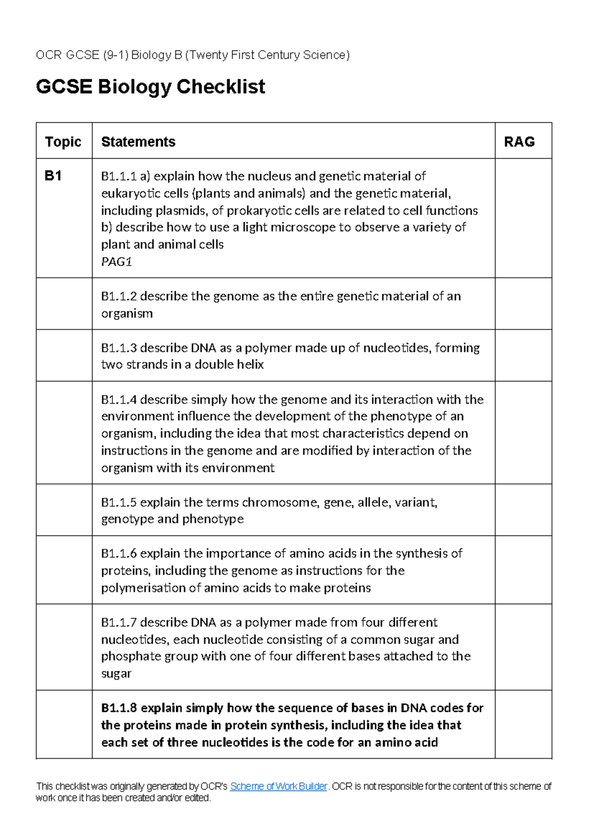 GCSE Biology Checklist - OCR GCSE (9-1) Biology B (Twenty First Century ...