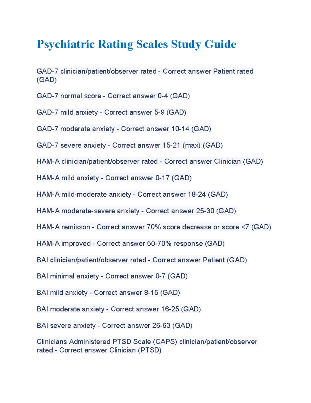 Psychiatric Rating Scales Study Guide - Studocu