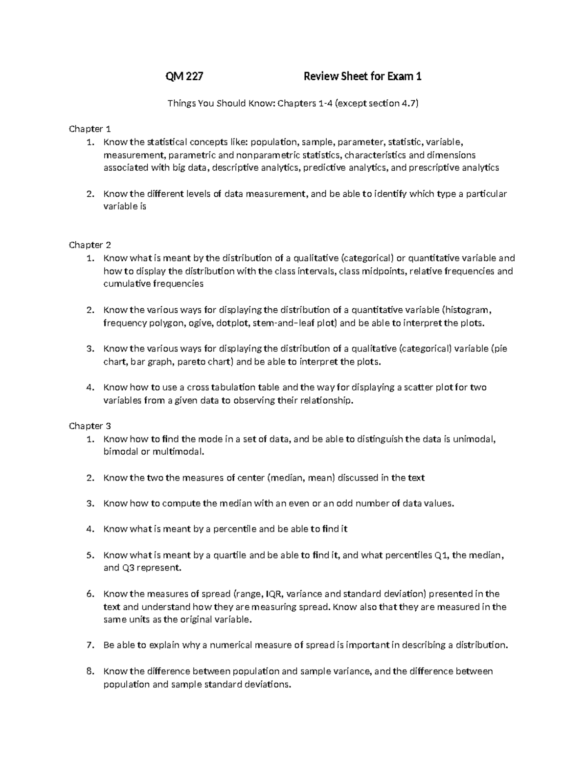 Exam 1 Review Sheet - notes - QM 227 Review Sheet for Exam 1 Things You ...