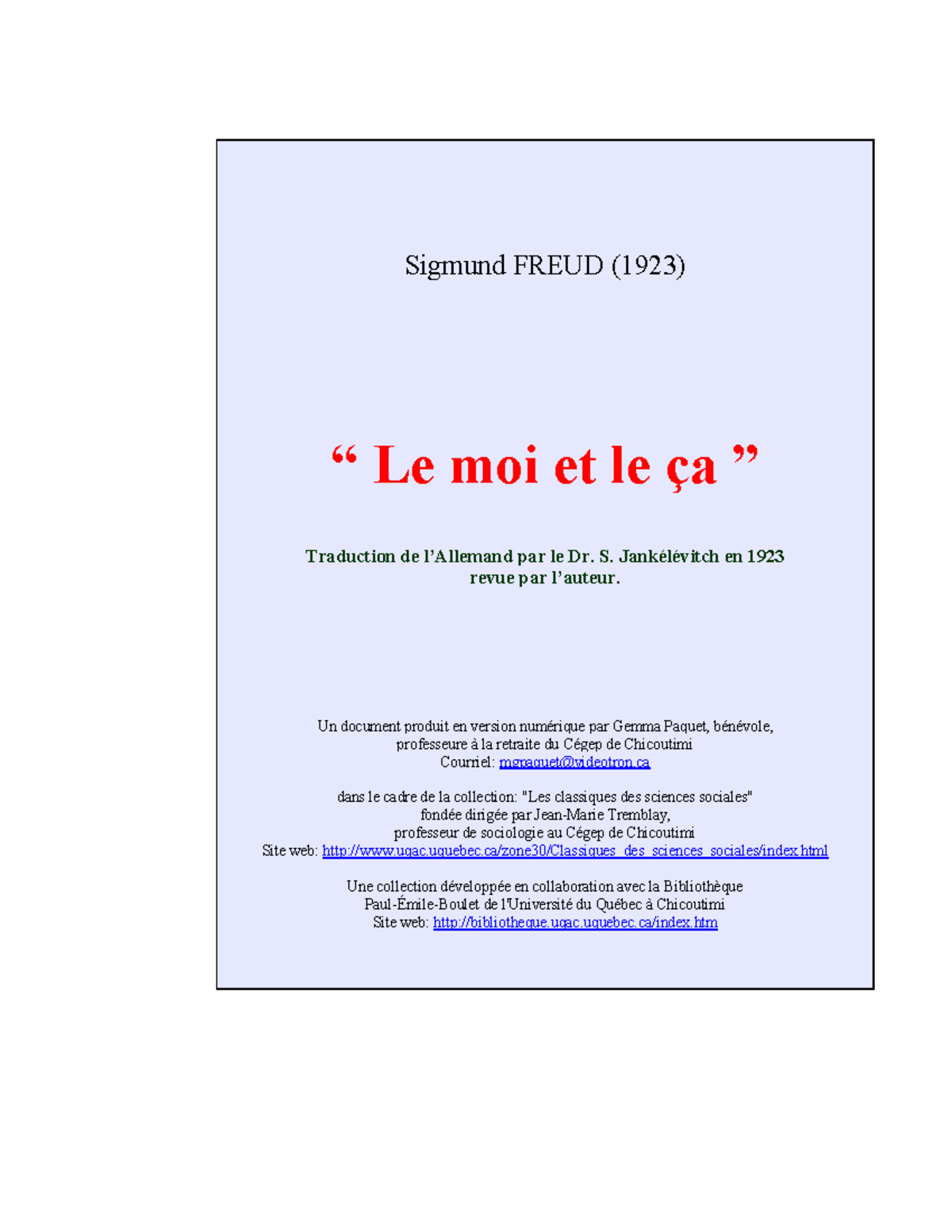 Le moi et le ca freud Sigmund FREUD (1923) ì