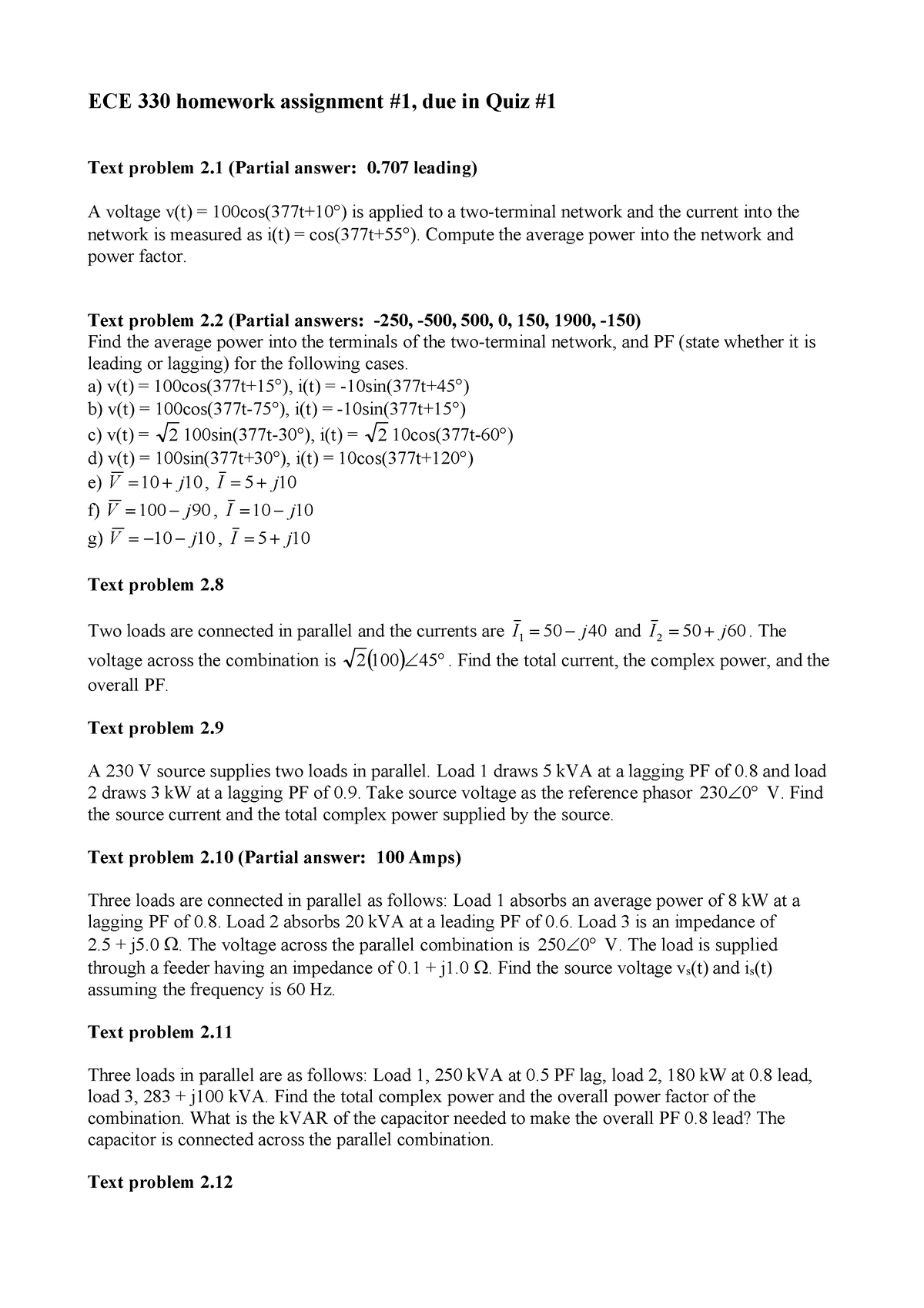 ECE330 HW1 - Homework Solution - ECE 330 Homework Assignment #1, Due In ...