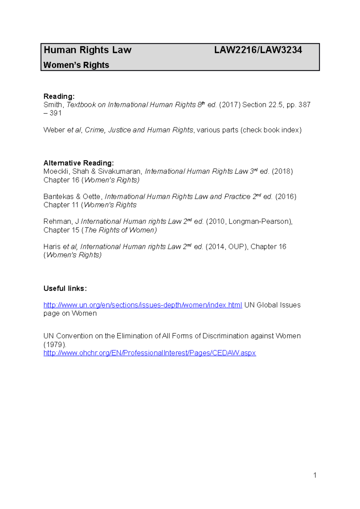 Women and Human Rights - Human Rights Law LAW2216/LAW 3234 Women’s ...