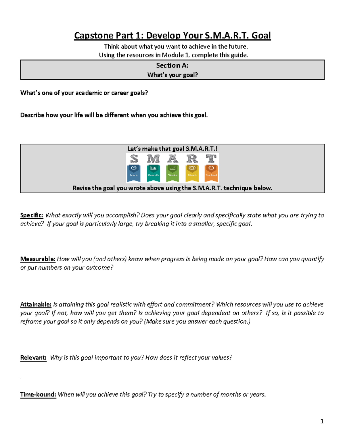 Capstone Part 1 Develop Your Smart Goal-Fillable PDF - 1 Capstone Part ...