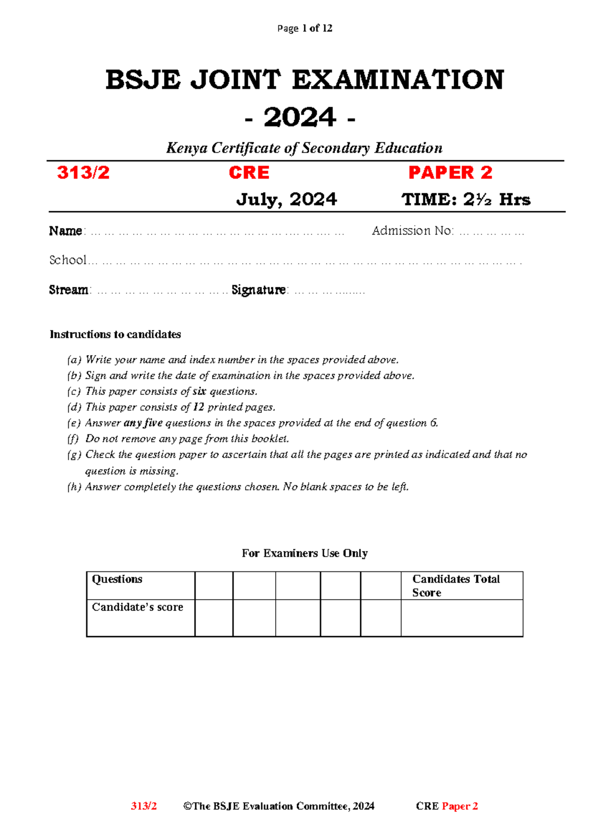 CRE PP2 QNS - Goood - BSJE JOINT EXAMINATION - 2024 - Kenya Certificate ...
