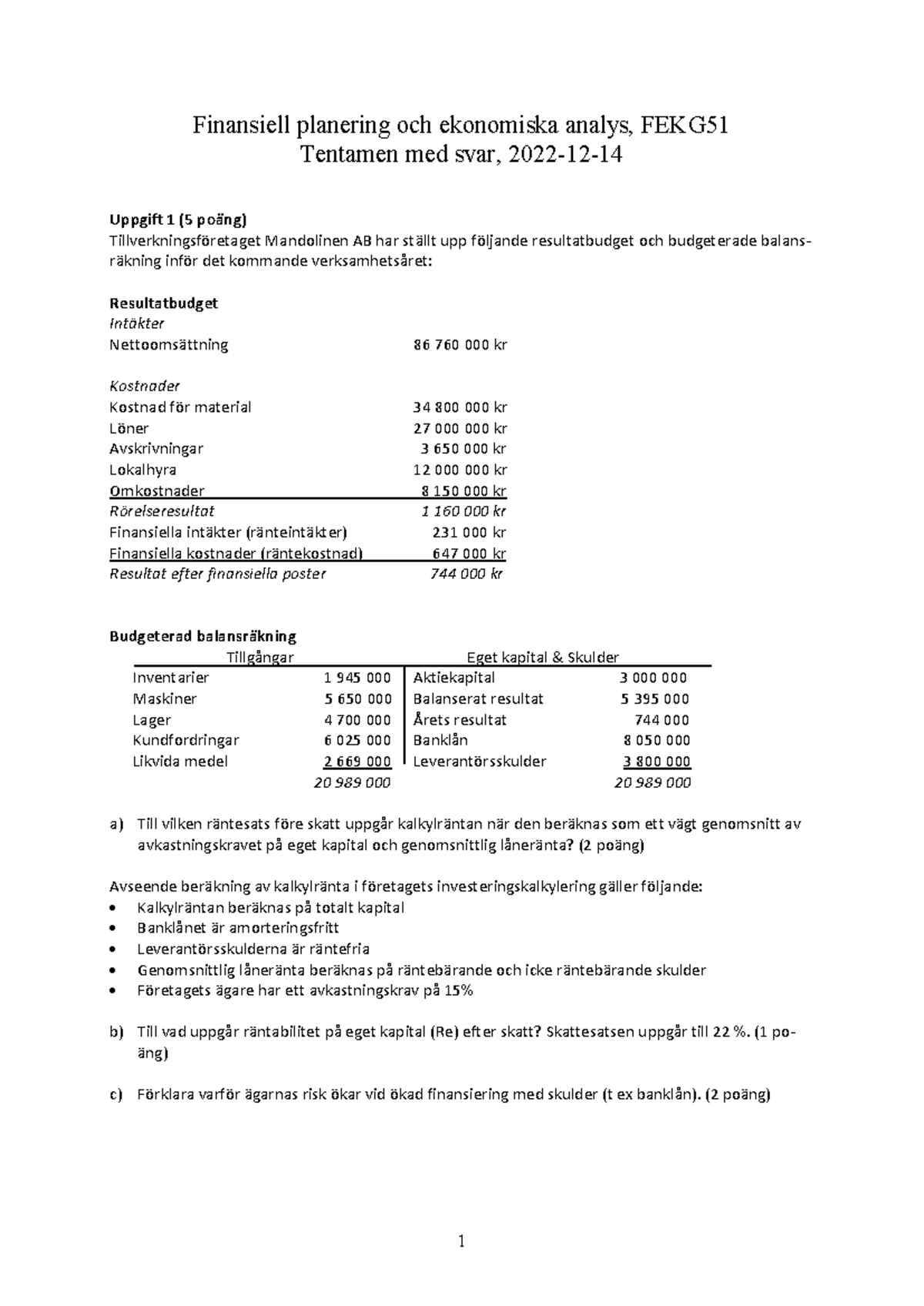 Tentamen Med Svar - 2022-12-14 - Finansiell Planering Och Ekonomiska ...