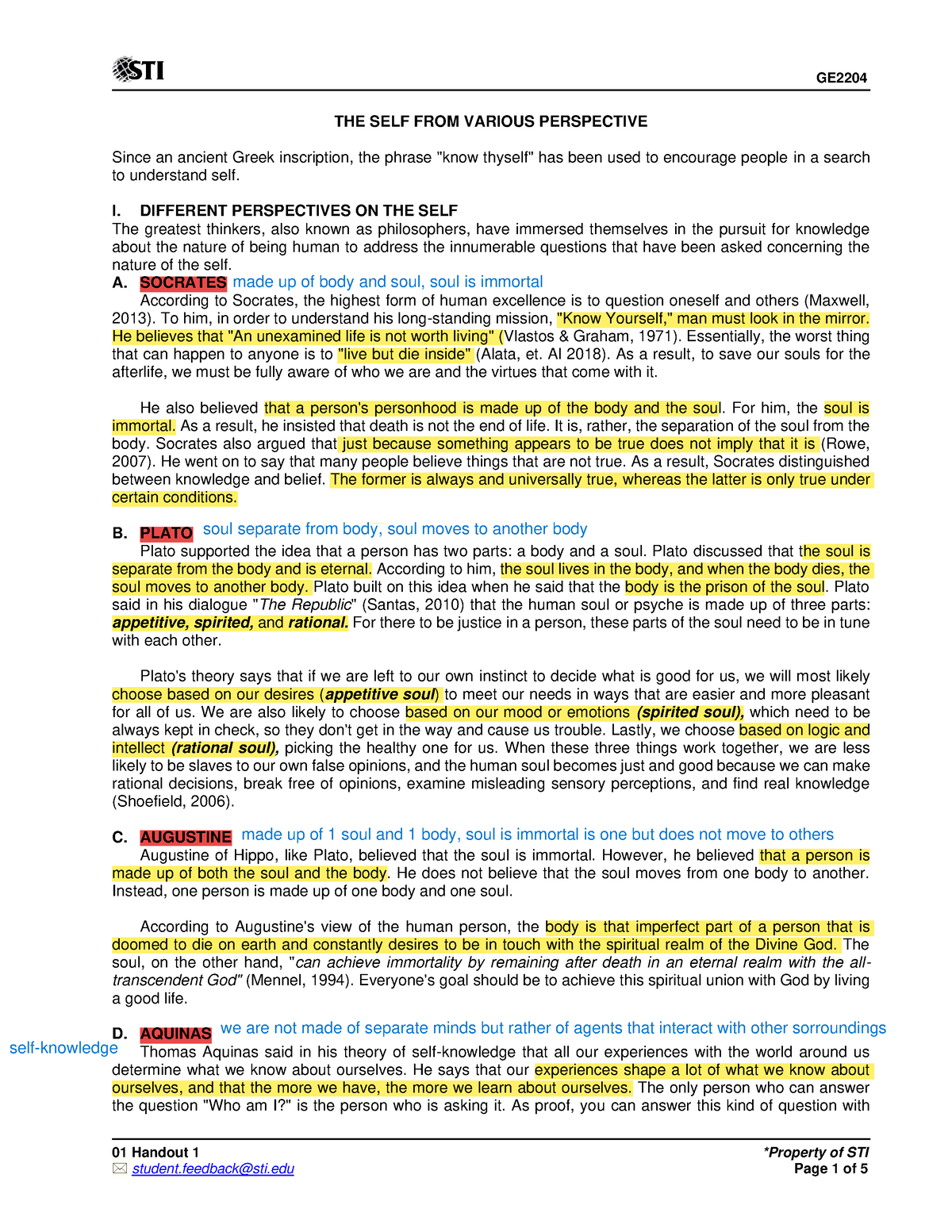 01 Handout 1 - More Notes - 01 Handout 1 *Property Of STI THE SELF FROM ...