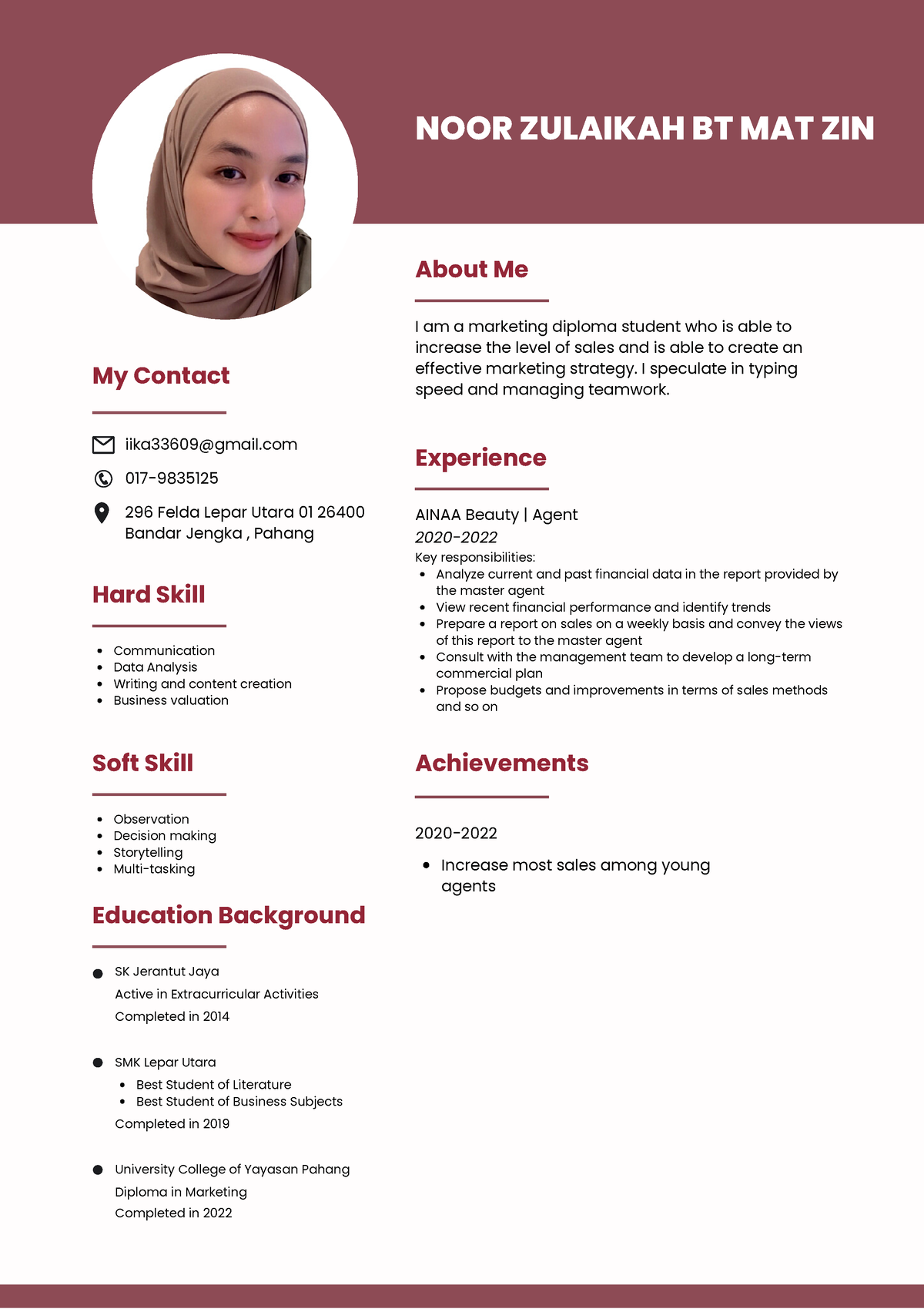 Pink Simple Profile Resume - NOOR ZULAIKAH BT MAT ZIN About Me ...