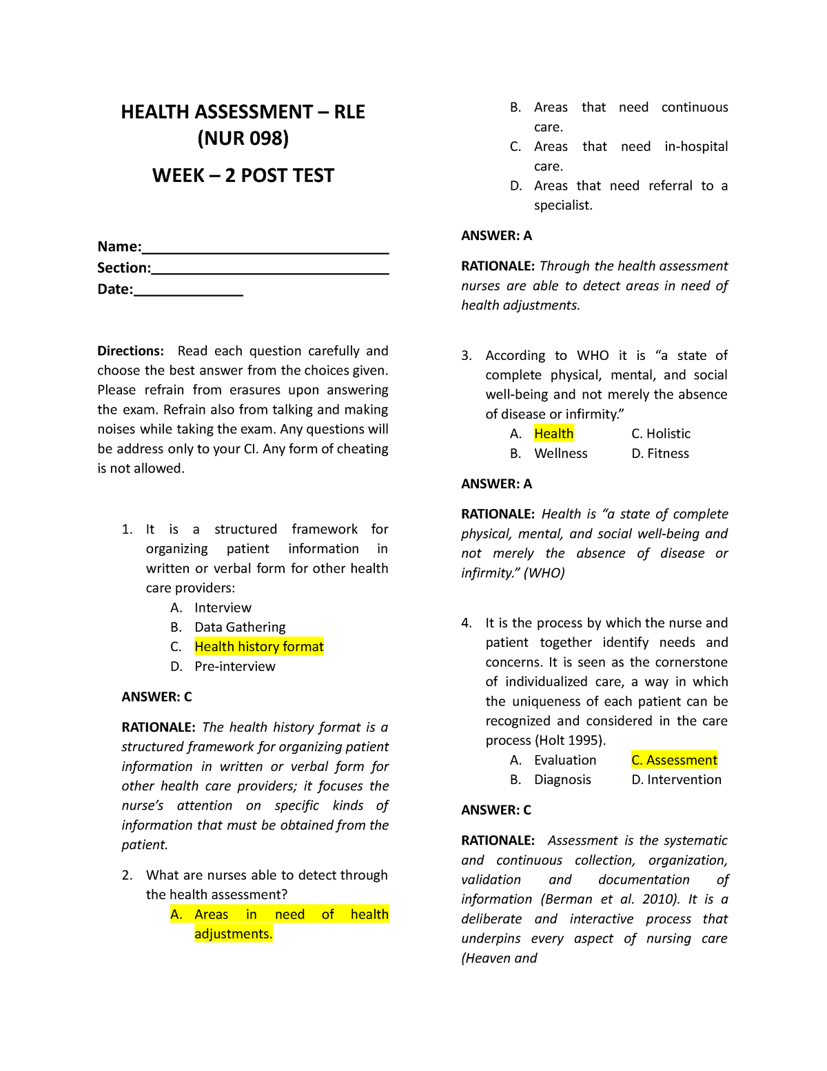 WEEK 2HA RLE POST TEST Answer KEY HEALTH ASSESSMENT RLE (NUR 098