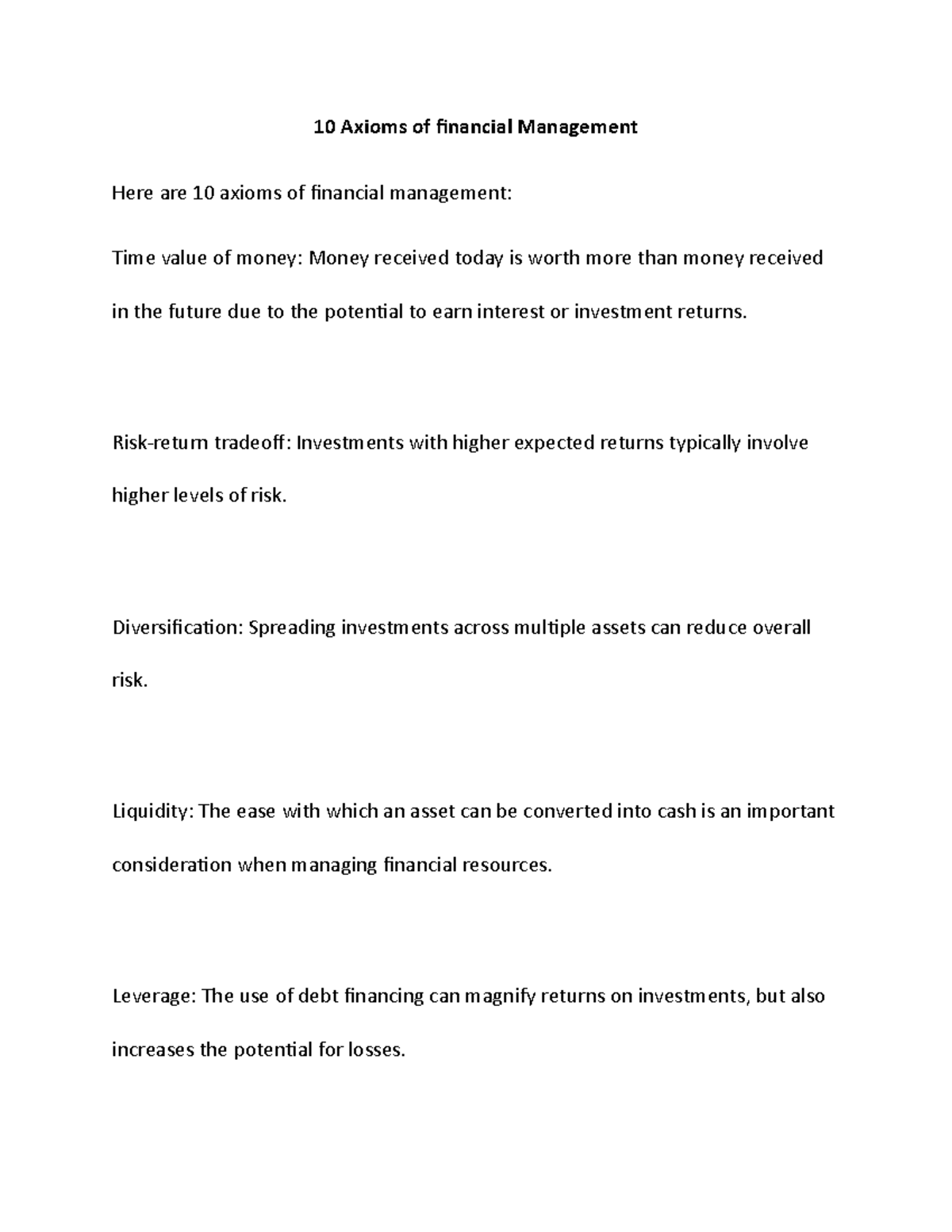 10 Axioms - 10 Axioms of financial Management Here are 10 axioms of ...