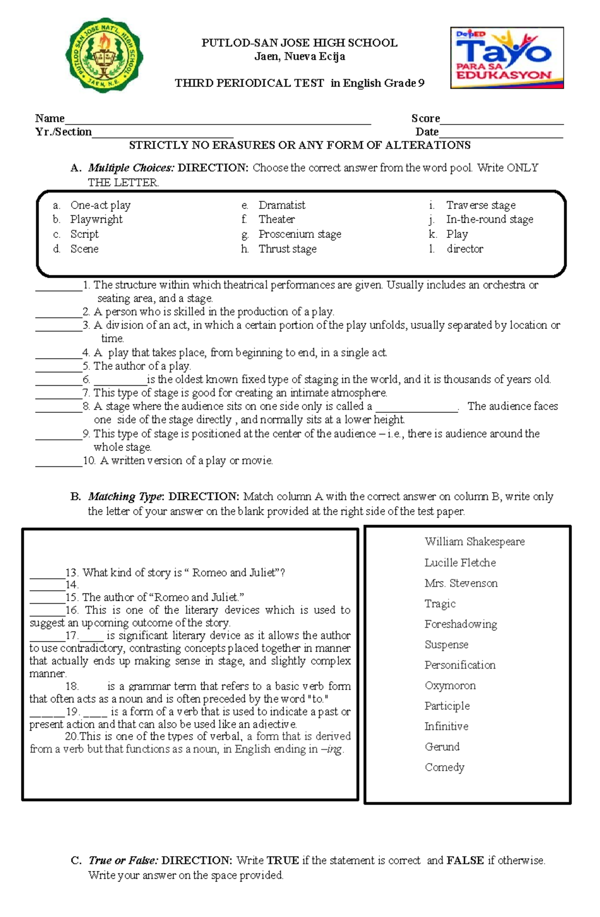 3rd Periodical Test - English 3rd Examination - PUTLOD-SAN JOSE HIGH ...