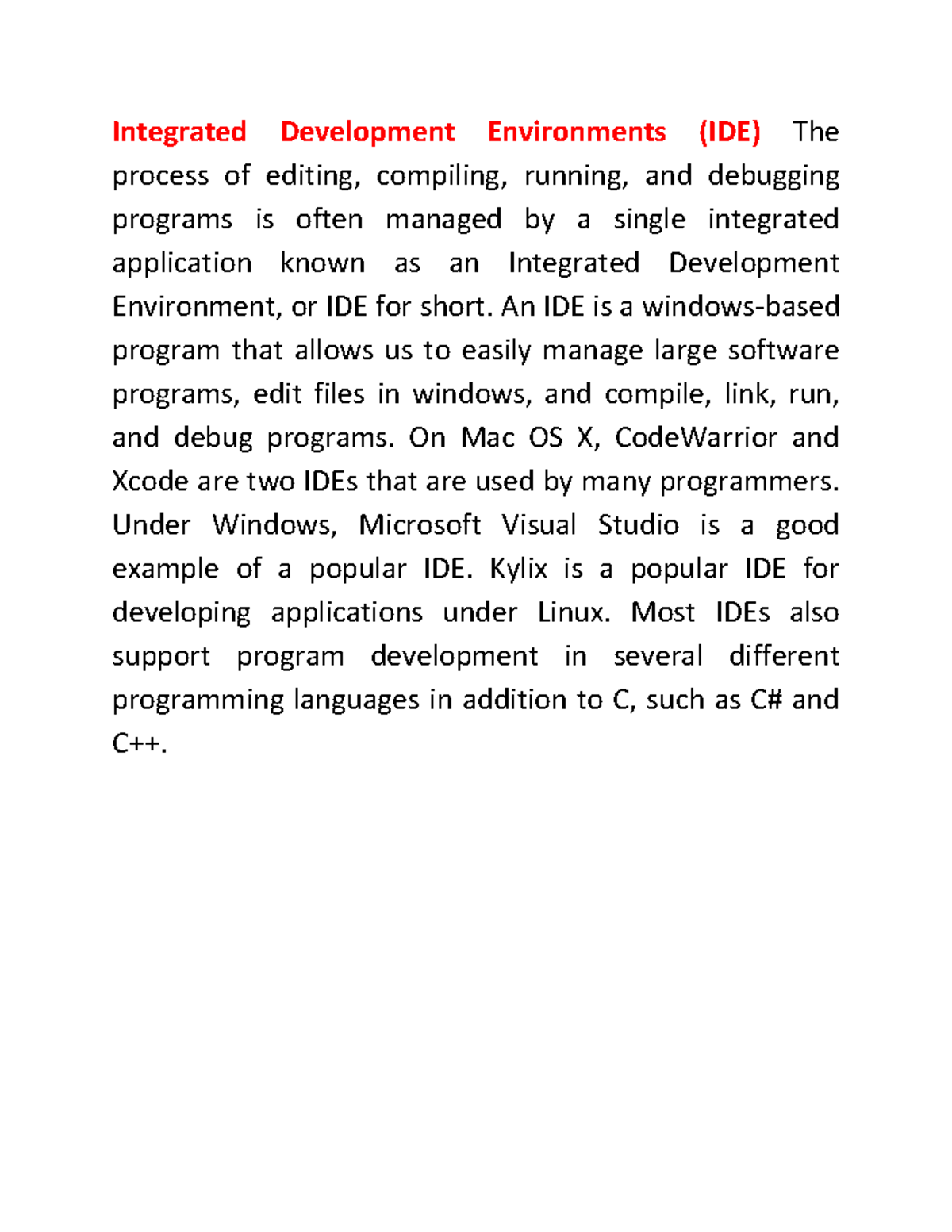C7 - Lecture notes - Integrated Development Environments (IDE) The ...