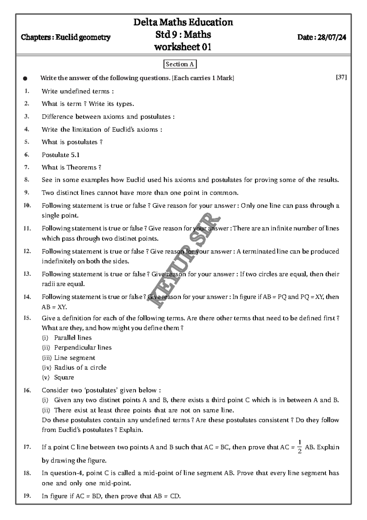 Worksheet 01 D28-Jul-2024-1 - KEYUR SIRKEYUR SIR Delta Maths Education ...