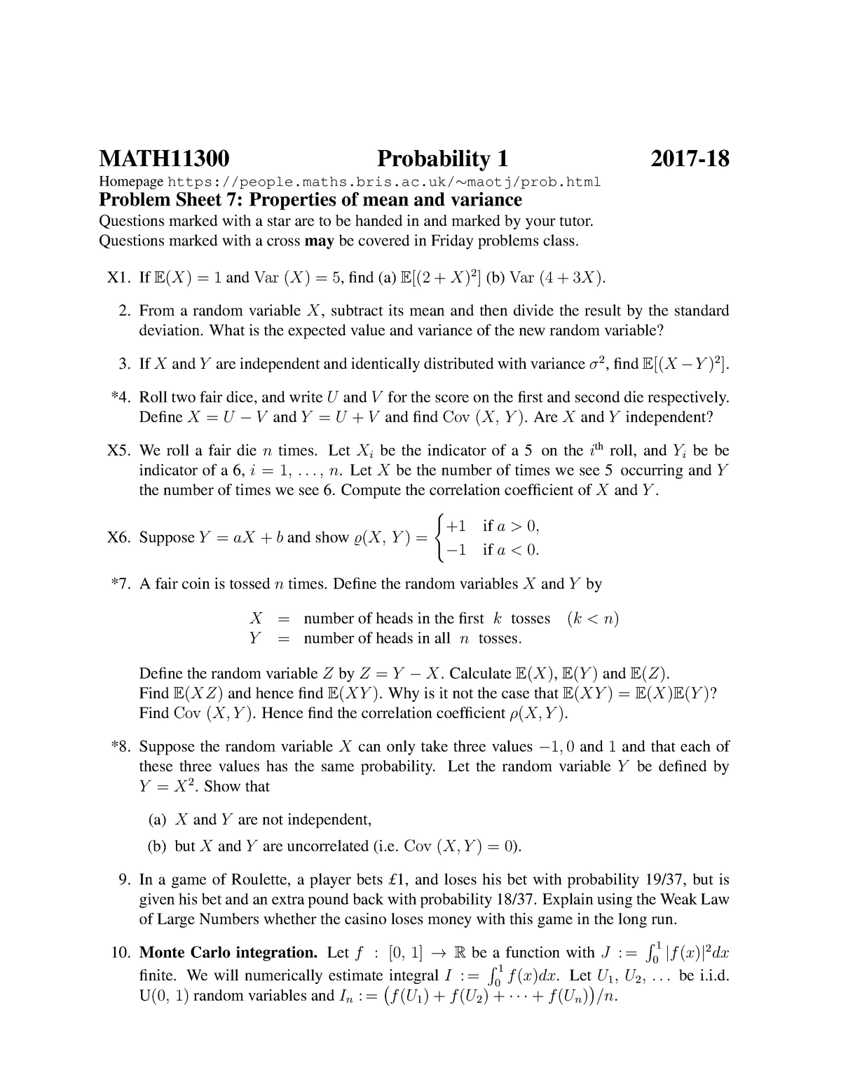 Math 17 18 Problem Sheet 7 Properties Of Mean And Variance Studocu