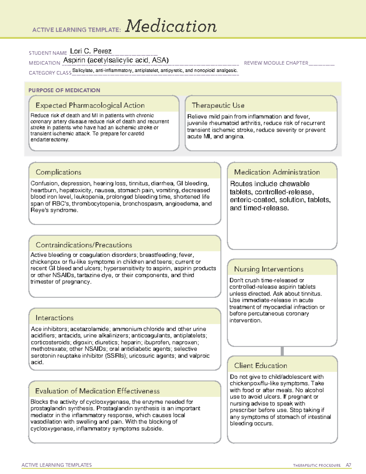 Med Card Aspirin Completed Template ACTIVE LEARNING TEMPLATES THERAPEUTIC PROCEDURE A