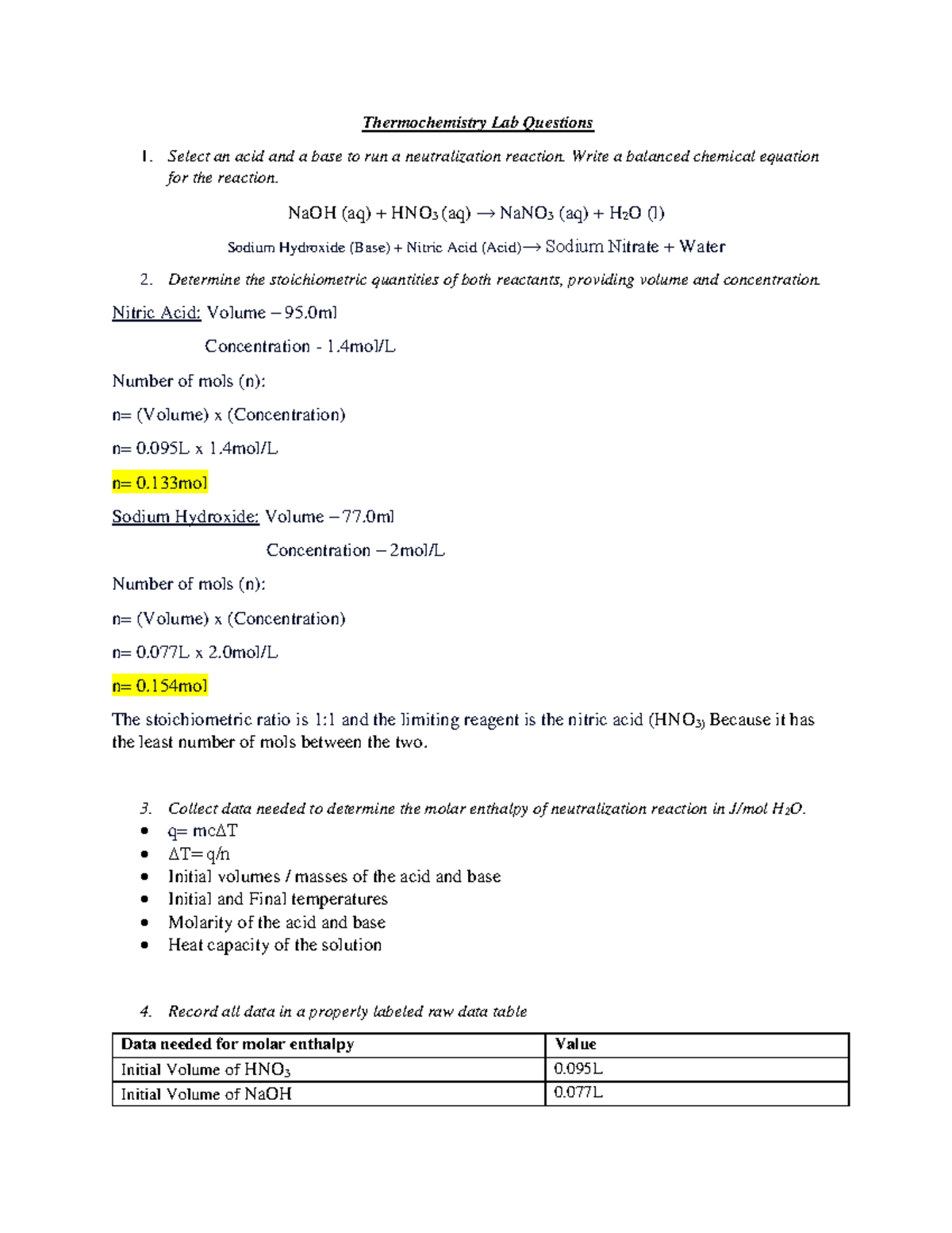 Chemistry Thermochemistry Lab Questions Thermochemistry Lab Questions