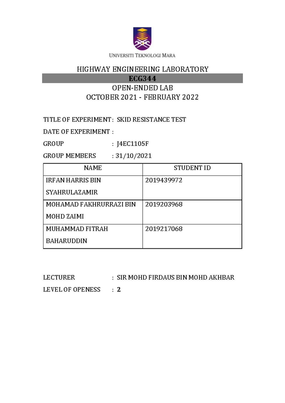 Lab 5 - Skid Resistance Test - HIGHWAY ENGINEERING LABORATORY ECG OPEN ...