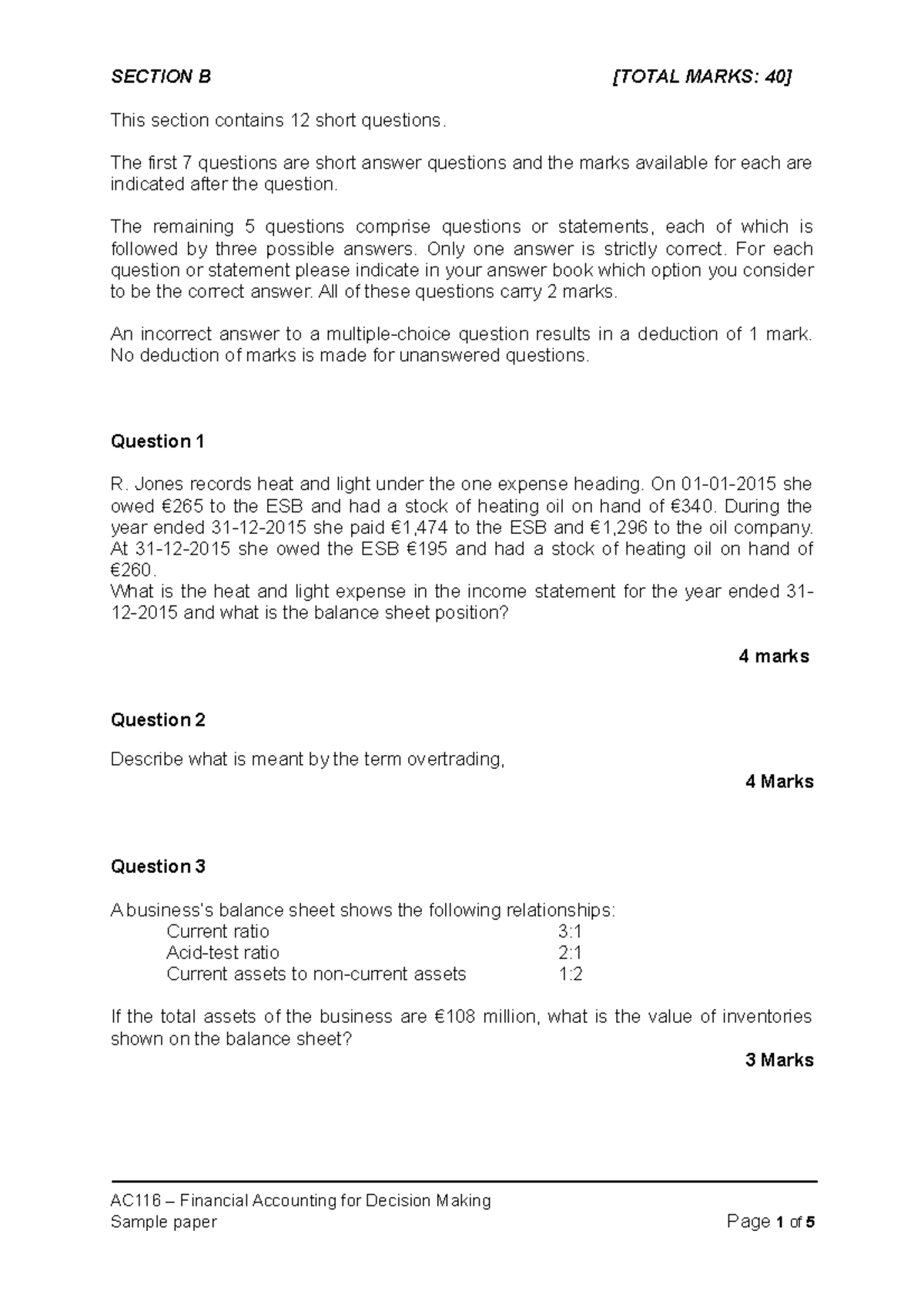 Section B - Sample Questions - SECTION B [TOTAL MARKS: 40] This Section ...