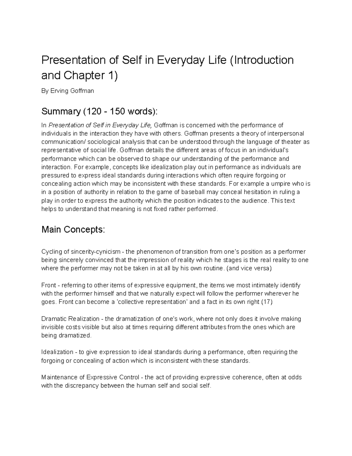 the presentation of self in everyday life chapter 2 summary