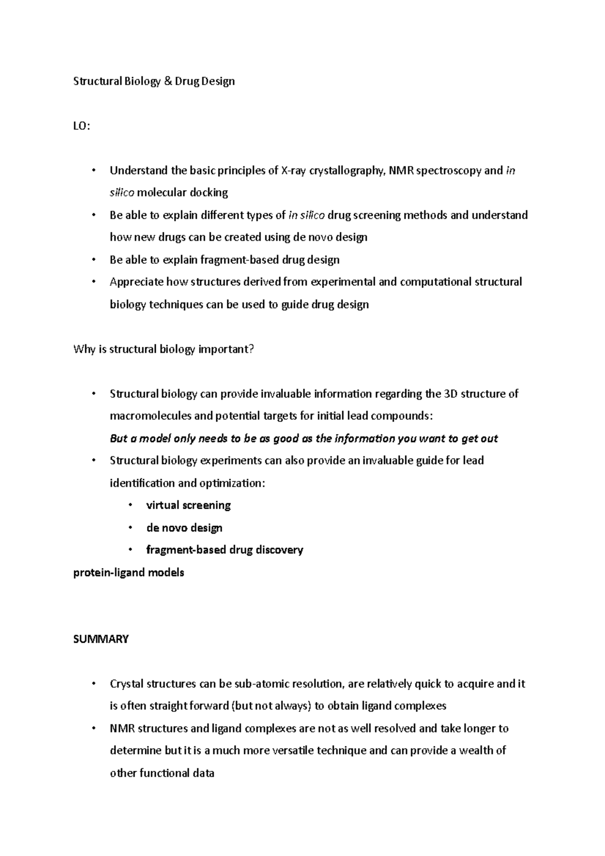 Structural Biology Lecture notes 9 Structural Biology & Drug Design