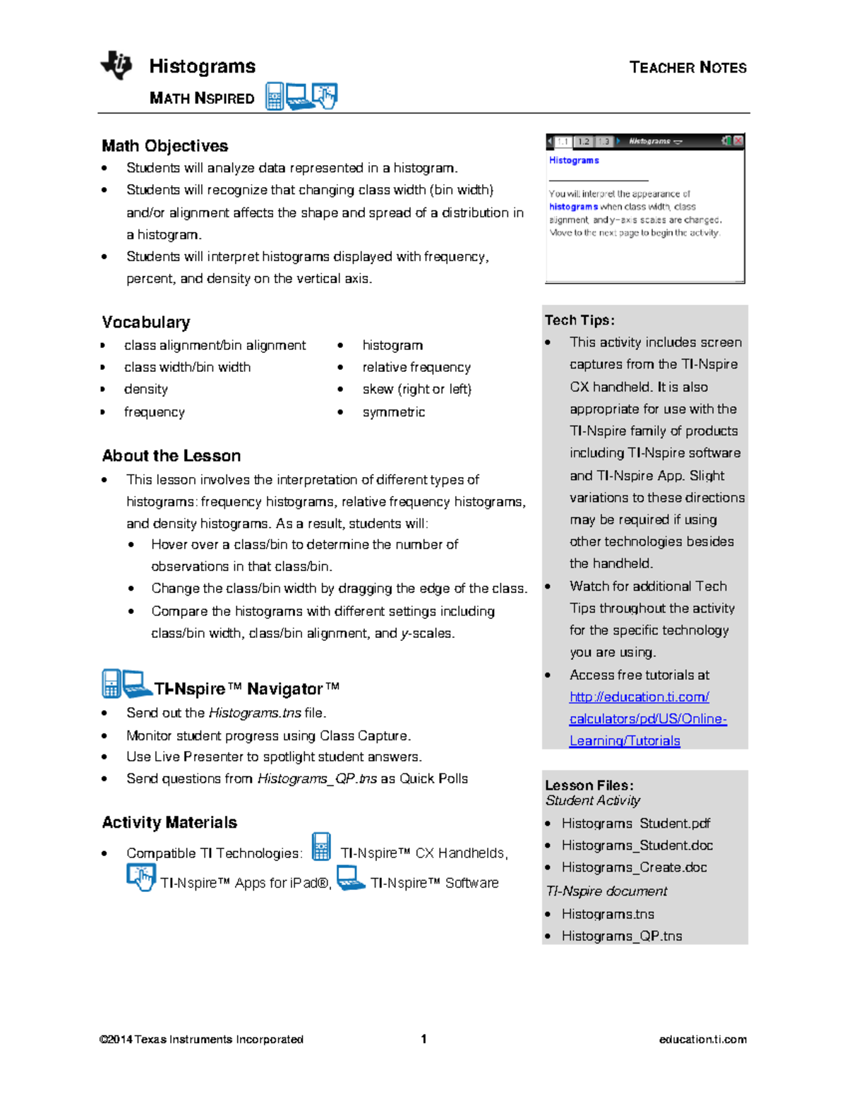 Histograms Teacher answers - MATH NSPIRED Math Objectives Students will ...