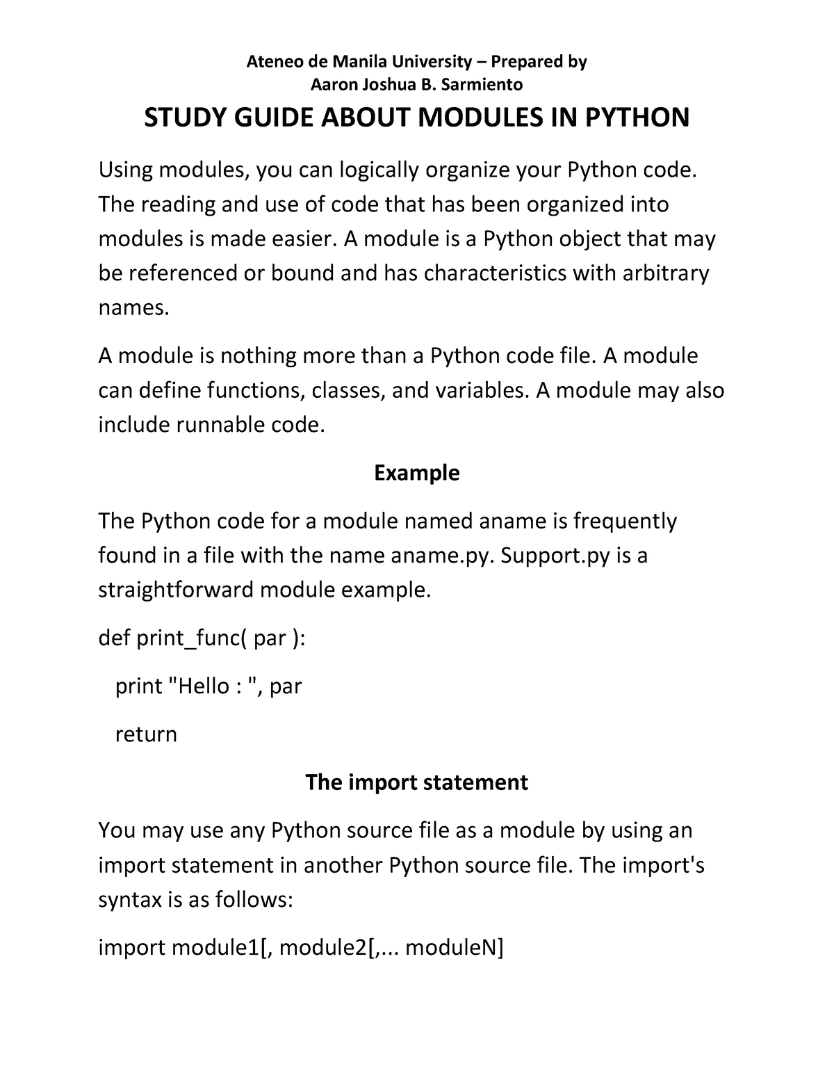 Study Guide About Modules in Python - Aaron Joshua B. Sarmiento STUDY ...