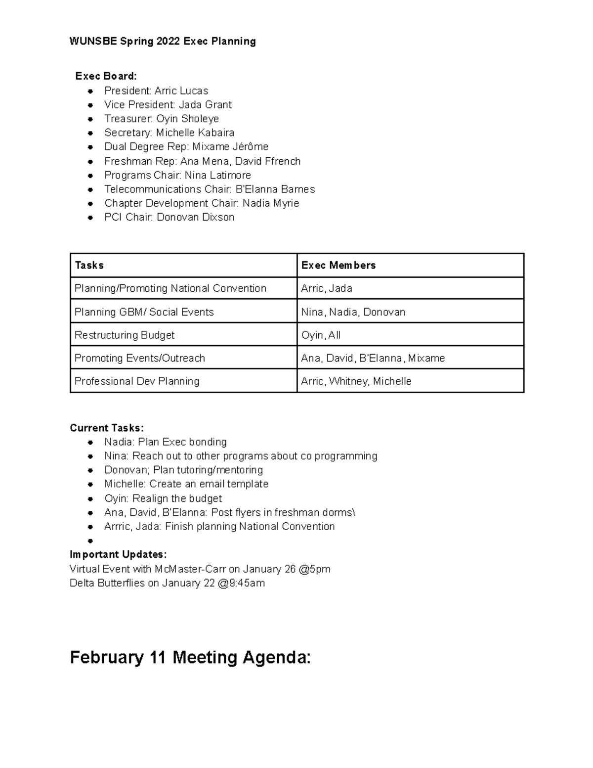 NSBE Spring Planning - Exec Board: President: Arric Lucas Vice ...