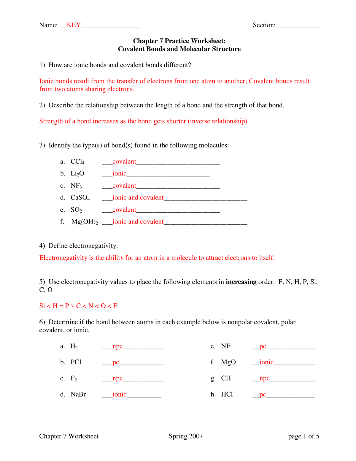 Ch 22 Practice Spring 22 KEY - Name: KEY_______________ Section In Covalent Bonding Worksheet Answer Key