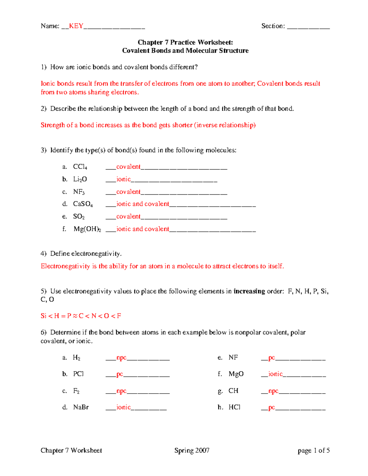 Ch 21 Practice Spring 21 KEY - Name: KEY_______________ Section With Regard To Chemical Bonds Ionic Bonds Worksheet