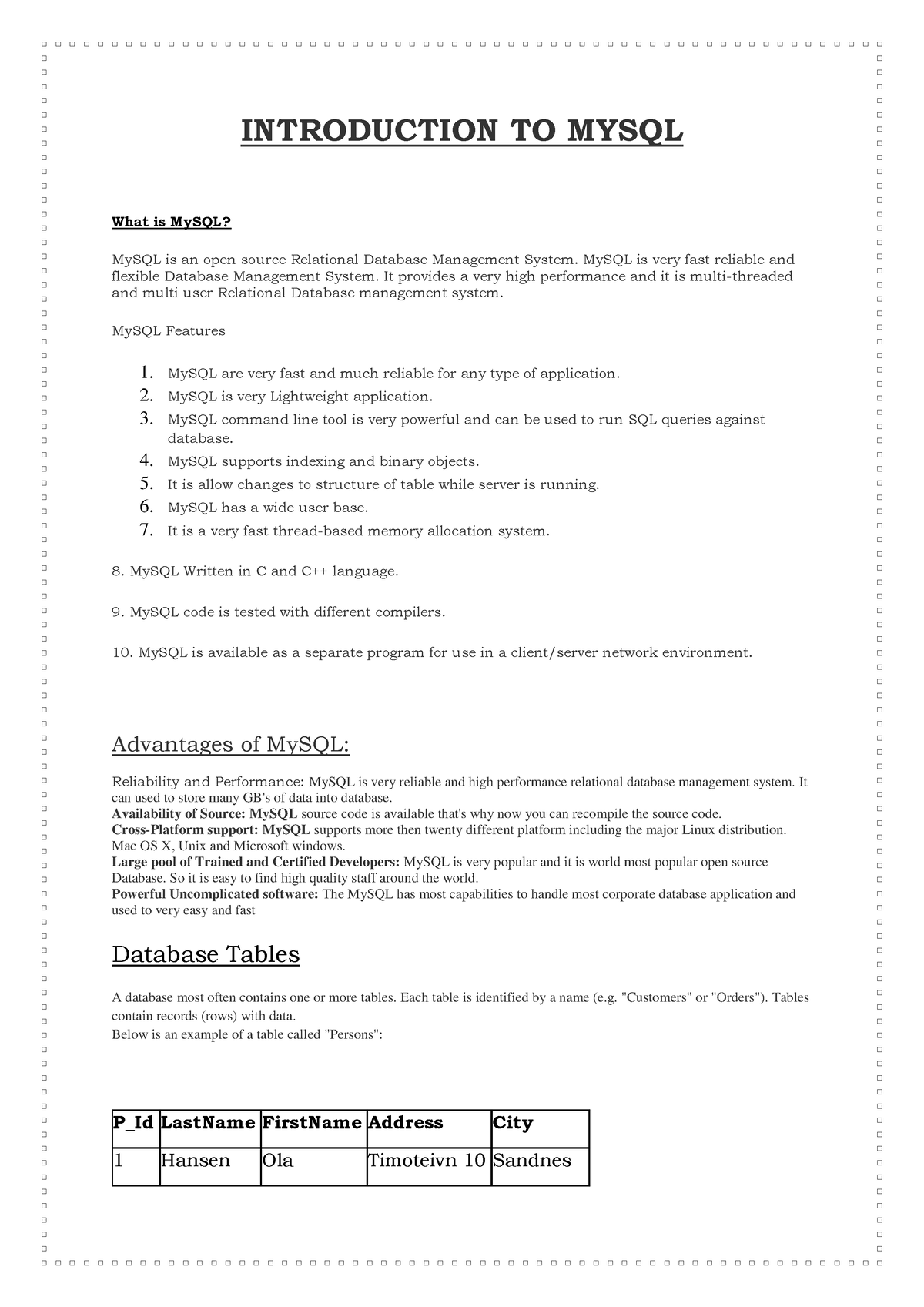 Class XI Sql Notes Full - INTRODUCTION TO MYSQL What Is MySQL? MySQL Is ...