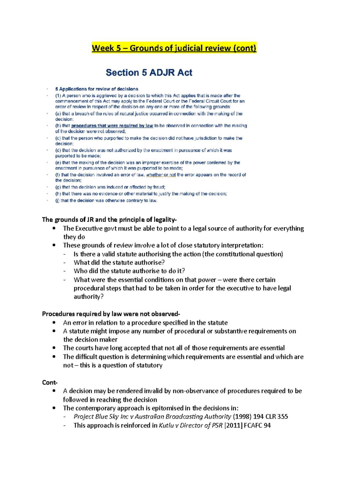Week 5 Lecture - Week 5 – Grounds of judicial review (cont) The grounds ...