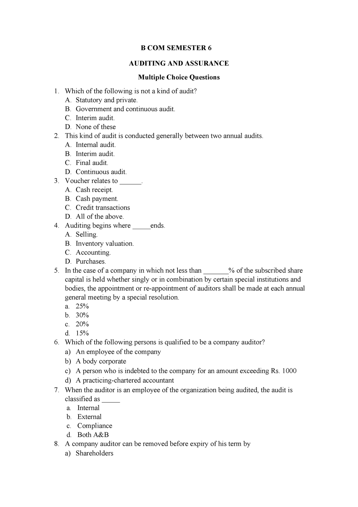 Auditing Assurance Mcq B Sem 6 1 Studocu