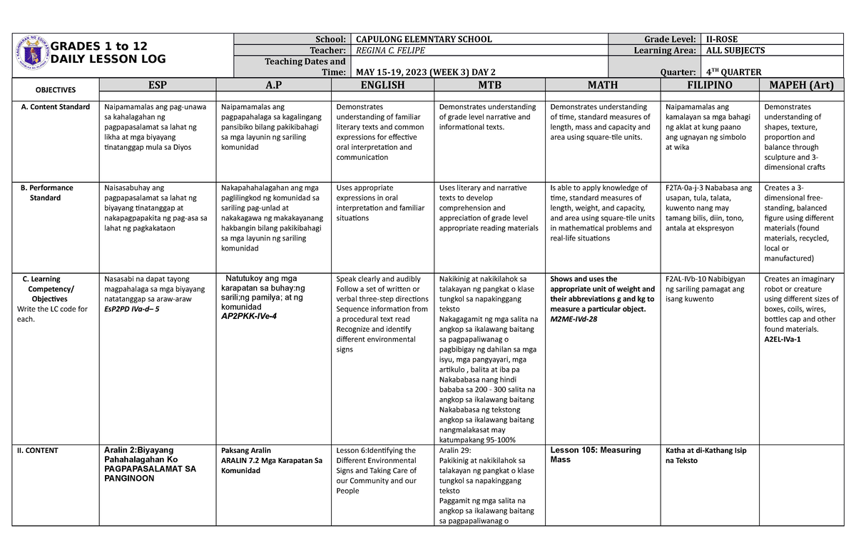 DLL ALL Subjects 2 Q4 W2 D2 - GRADES 1 To 12 DAILY LESSON LOG School ...