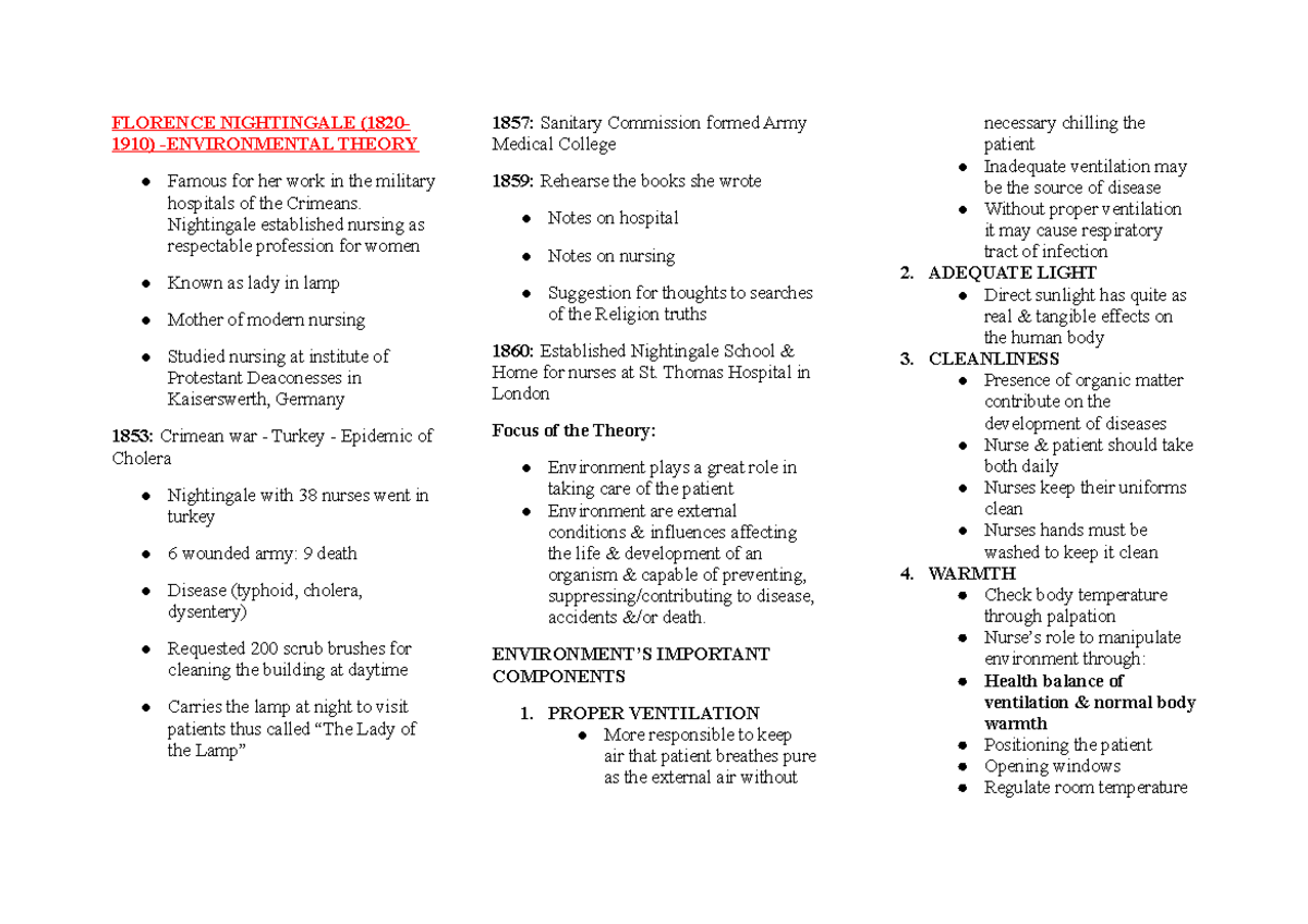TFN BatteryEXAM reviewer FLORENCE NIGHTINGALE (1820 1910) ENVIRONMENTAL THEORY Famous