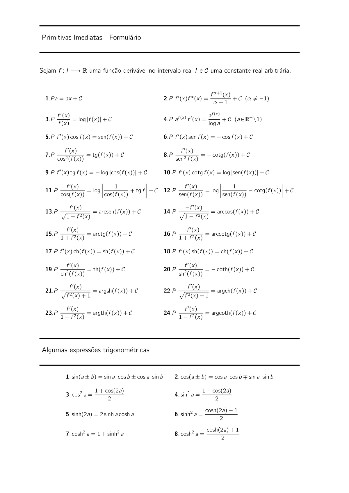 Formulario Prim Imed - Primitivas Imediatas - Formul ́ario Sejam F : I ...