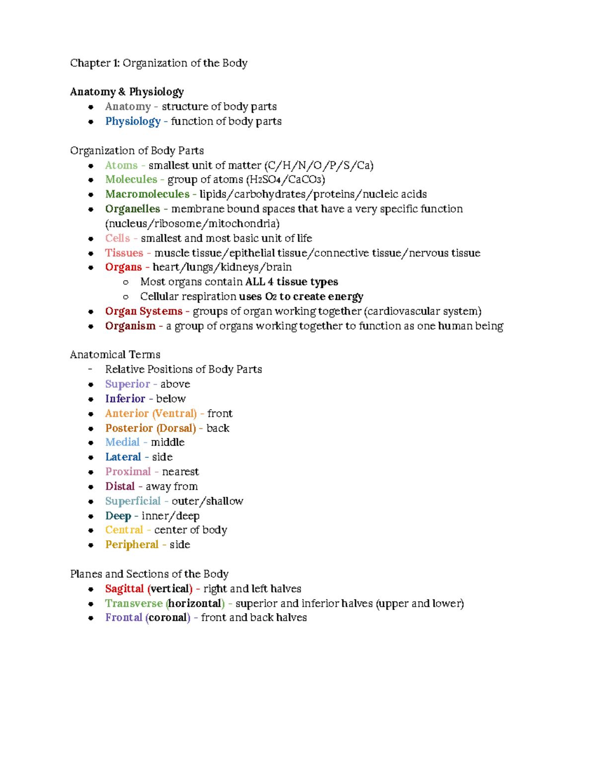 A&P Notes 1 - Jeffrey Echols - Chapter 1: Organization of the Body ...