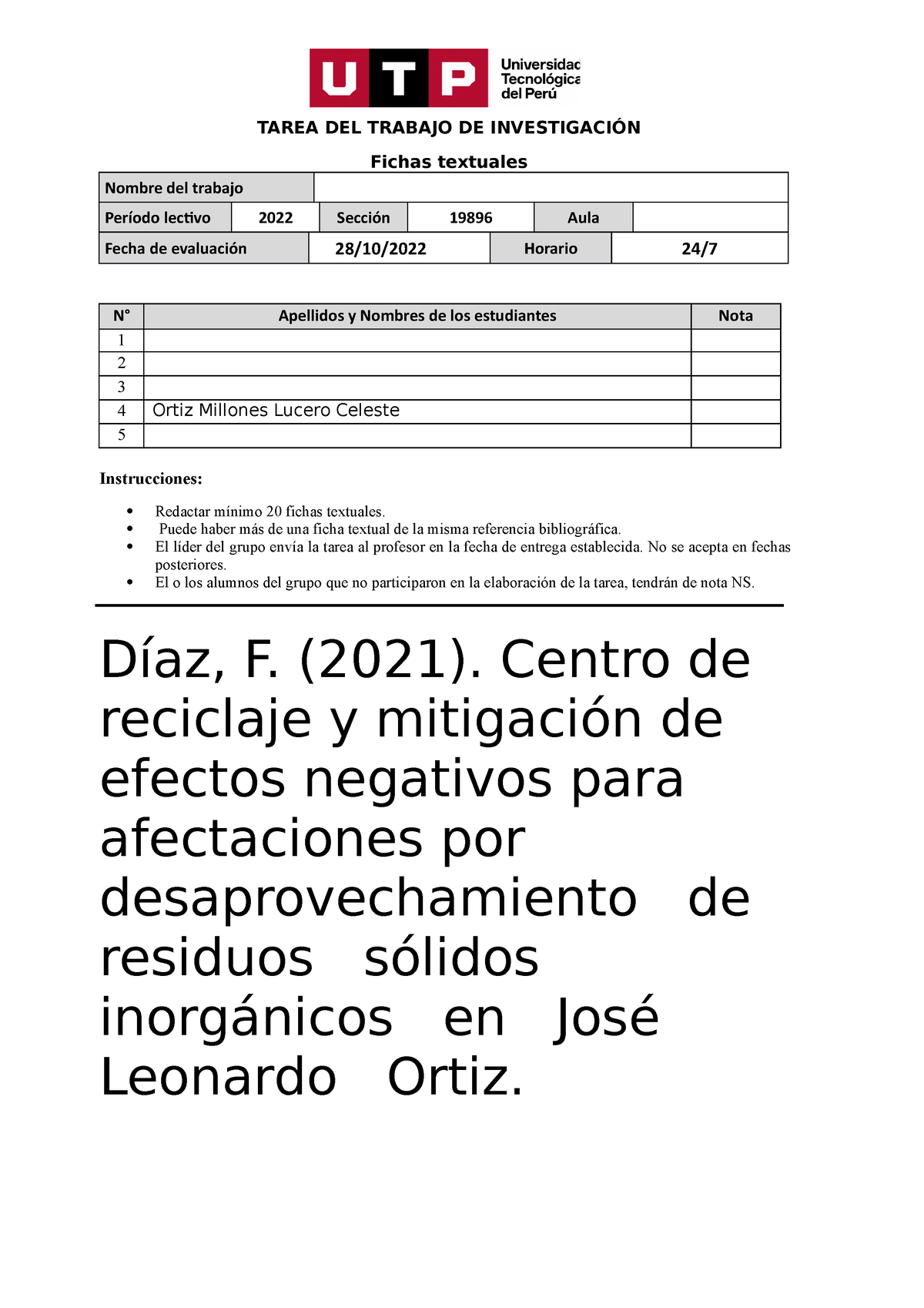 Formato De Entrega De Tarea De Fichas Textuales - TAREA DEL TRABAJO DE ...