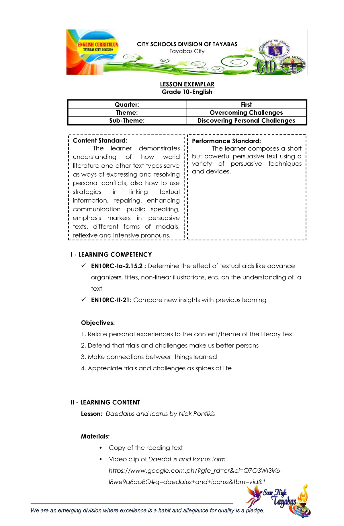 Grade 10 English Lesson Exemplar 1st Quarter Studocu