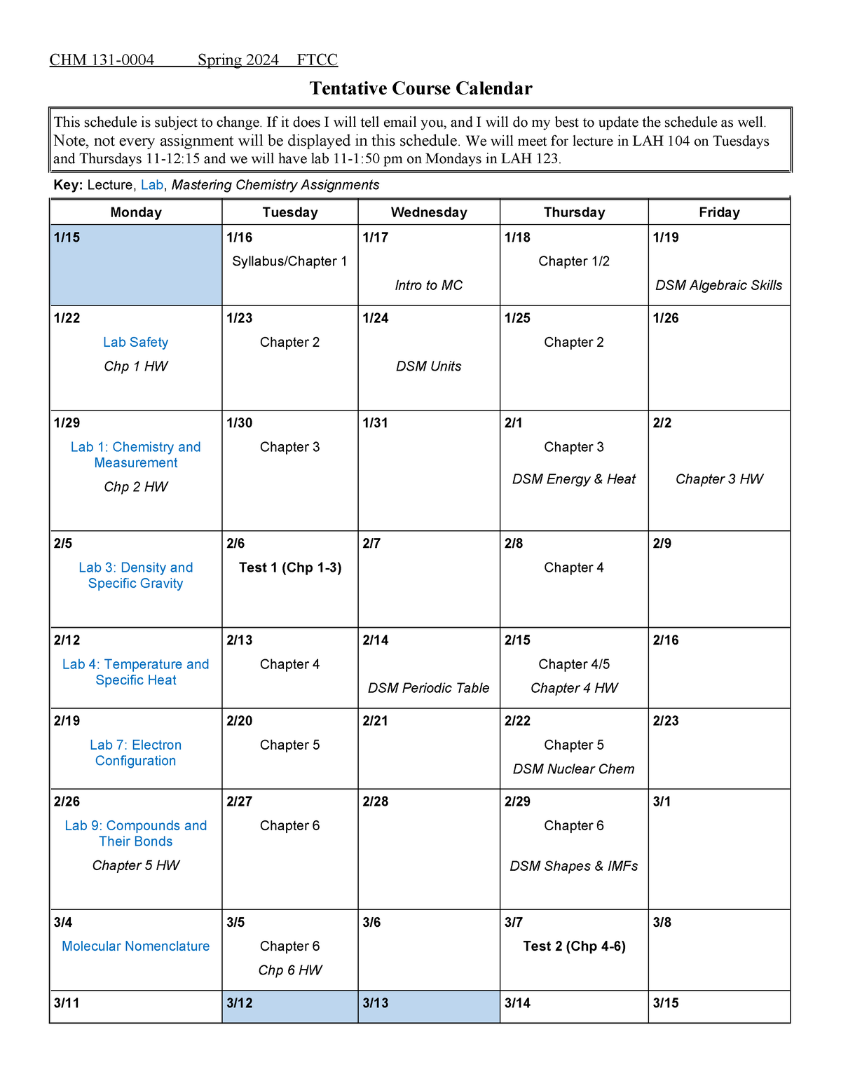 CHM 131 Course Calendar SP2024 (word doc, opens new window) - CHM 131