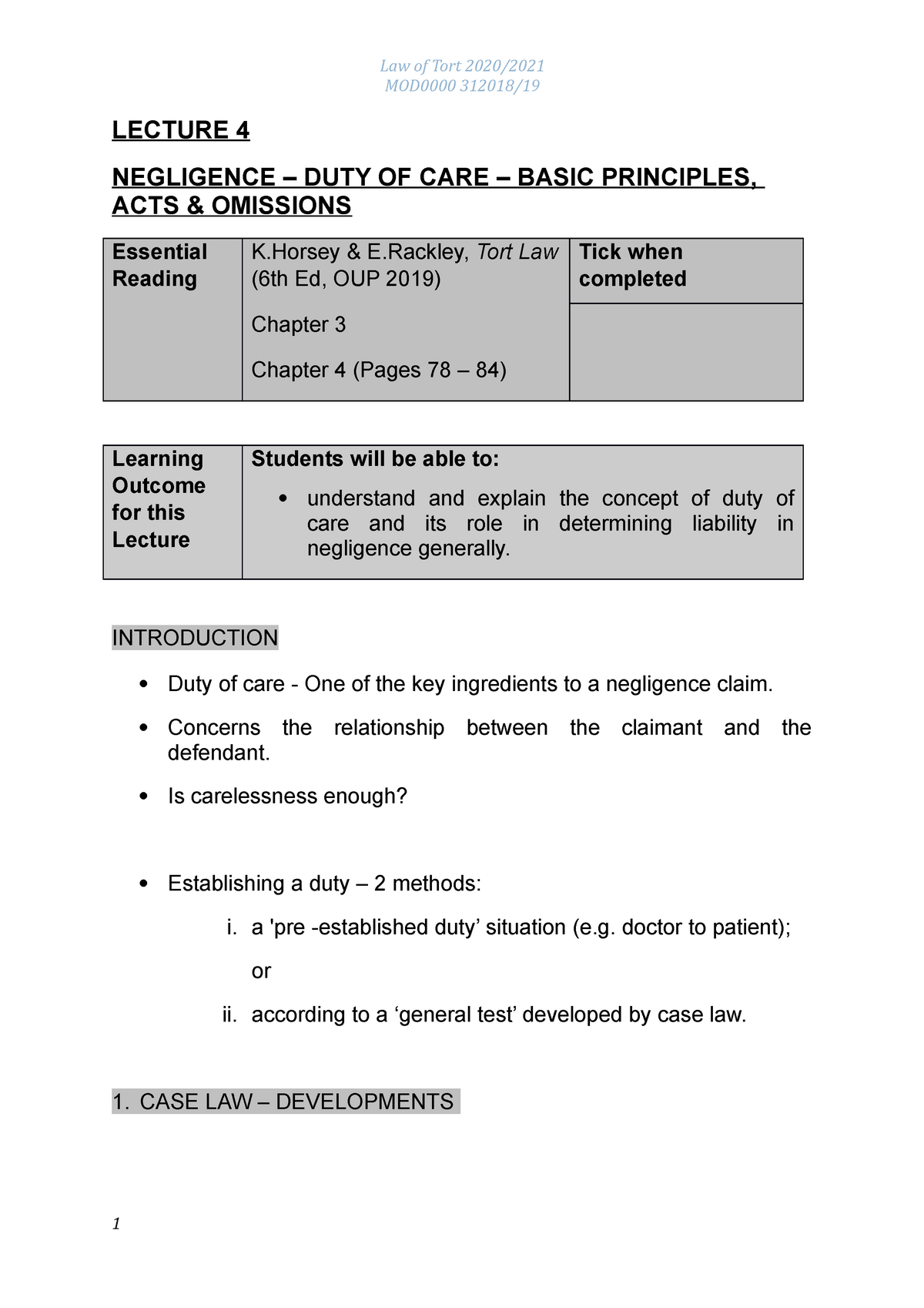 Lecture 4 - Negligence - Duty Of Care - MOD0000 312018/ LECTURE 4 ...