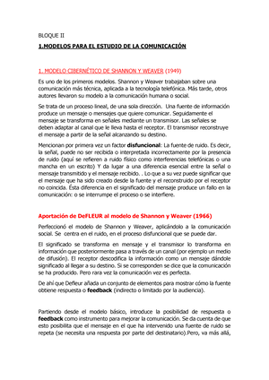 TEMA 2- Apuntes: F. Comunicación I - BLOQUE II 1 PARA EL ESTUDIO DE LA  COMUNICACIÓN 1. MODELO - Studocu