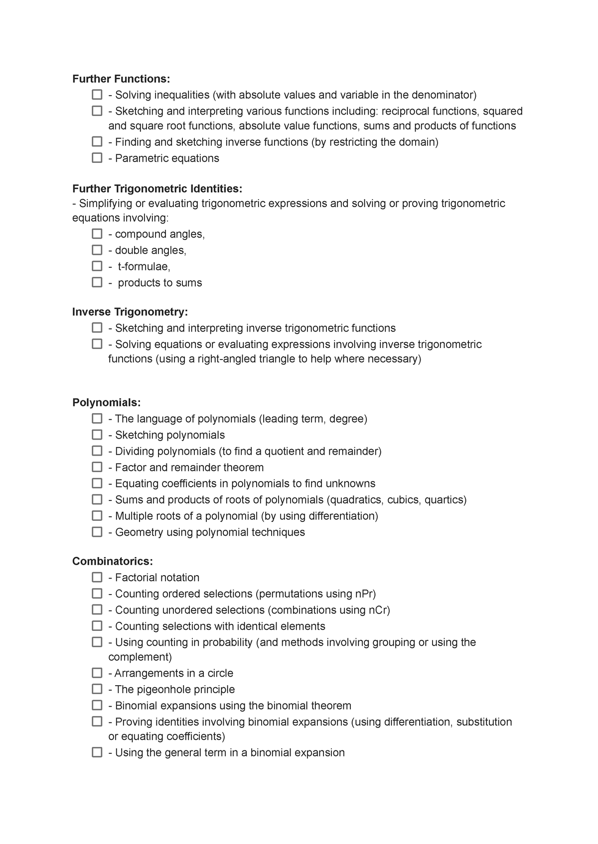 Math 3U study checklist - Further Functions: - Solving inequalities ...