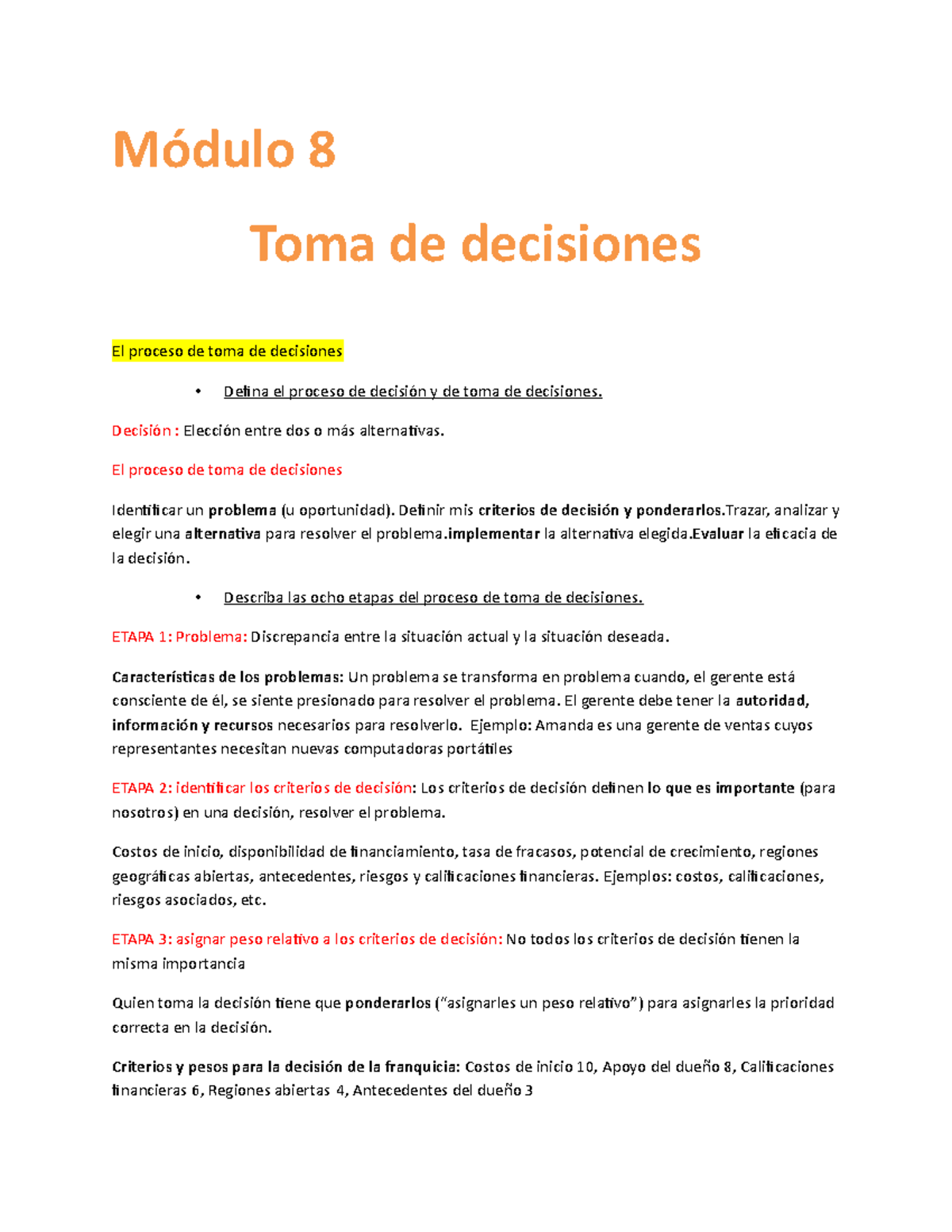 Módulo 8 Toma De Decisiones Docx Módulo 8 Toma De Decisiones El Proceso De Toma De Decisiones 3111