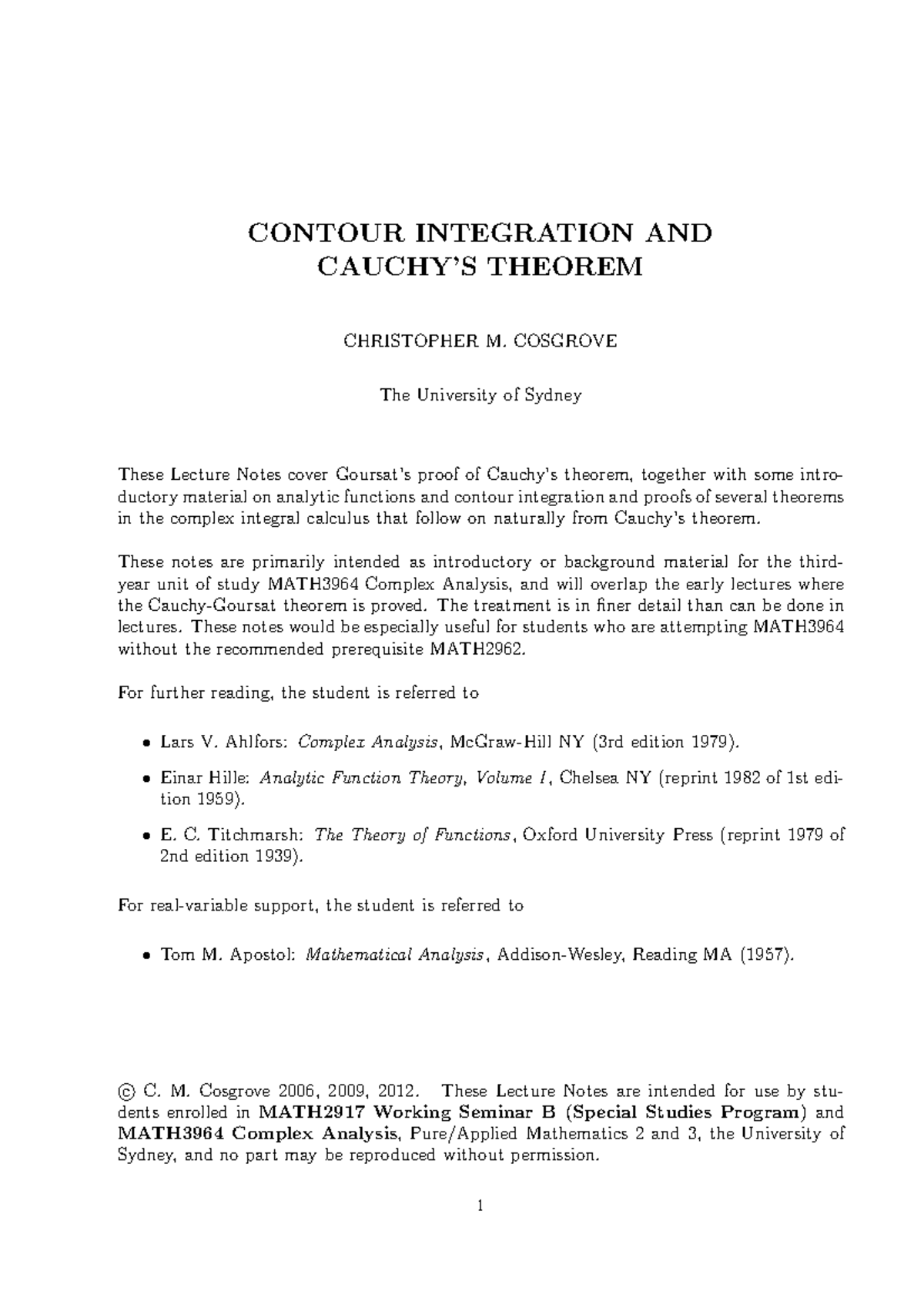 Cauchy - Mathwork - CONTOUR INTEGRATION AND CAUCHY’S THEOREM ...